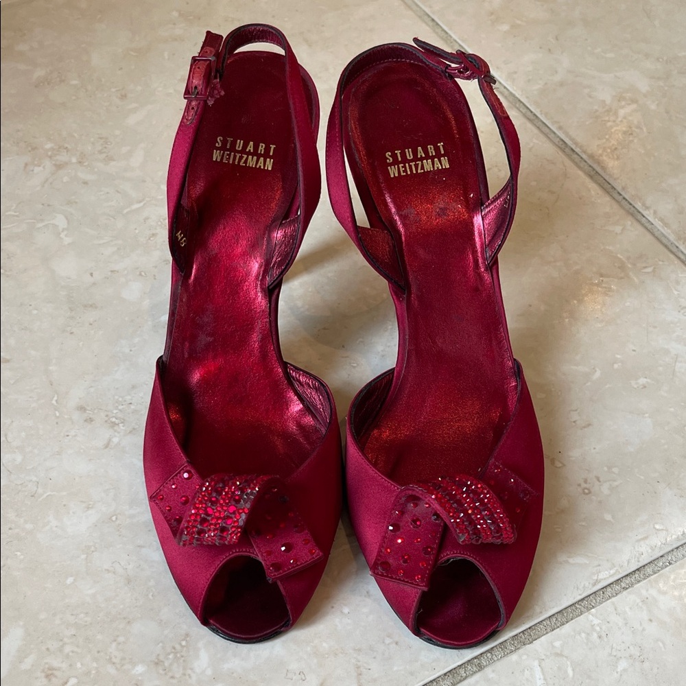 Stuart Weitzman Women's Red Satin Peep-Toe Slingback Heels with Bow